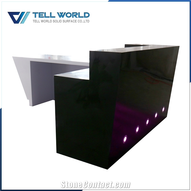 Luxury Engineered Stone White L Shaped Led Lighting Bar Counter Solid Surface Commercial Bar Top