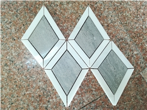 Diamond Pattern Grey Vein Marble Mosaic Surrounded with White Chipped Mosaic Good Quality Wall Mosaic