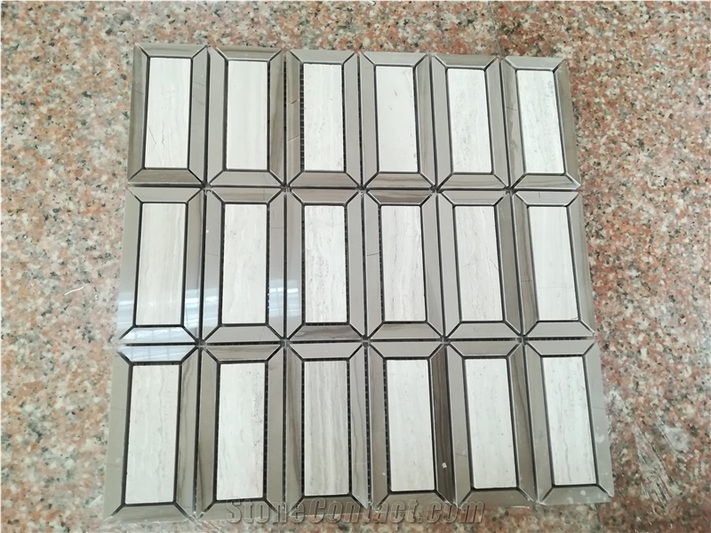 High Polished Mosaic White Wooden Vein & Athen Wooen Vein Marble Mosic Pattern with Rectangle Strips for Wall Mosaic, Floor Mosaic