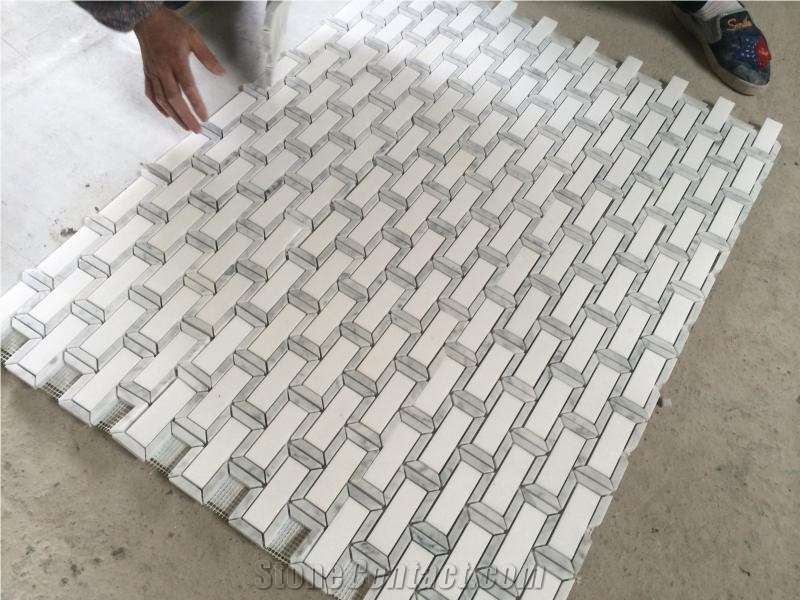 Marble Mosaic . Bianco Carrara with Thasoos Mosaic Tile, Wall Mosiac , Floor Mosaic , Mosaic Pattern