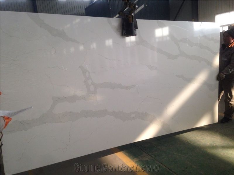 A Quality Calacatta White Marble Look Quartz Stone Solid Surfaces Polished Slabs Tiles Engineered Stone Artificial Stone Slabs for Hotel Kitchen