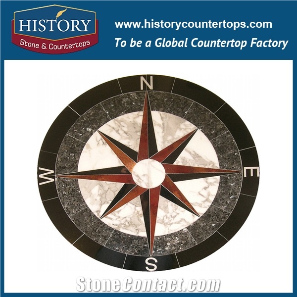 Arabescato Corchia, Black Natural Stone Marble Designs, Water Jet Cut Inlay Mosaic Tiles, Round Compass Medallions for Villa, Hotel, Mall, Ktv
