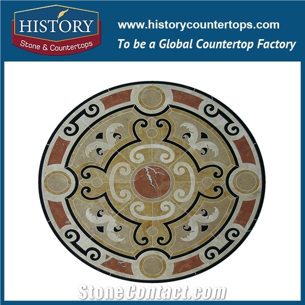 Arabescato Corchia, Black Natural Stone Marble Designs, Water Jet Cut Inlay Mosaic Tiles, Round Compass Medallions for Villa, Hotel, Mall, Ktv