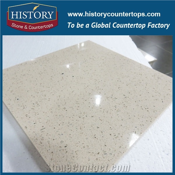 Bathroom Project in Historystone Cinder Beige with Polish and Smooth Surface Middle Grain Tile and Slab Quartz Stone for Tops or Countertops.