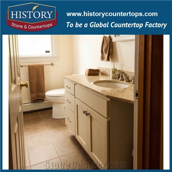 Bathroom Project in Historystone Cinder Beige with Polish and Smooth Surface Middle Grain Tile and Slab Quartz Stone for Tops or Countertops.