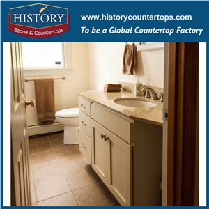 Bathroom Project in Historystone Cinder Beige with Polish and Smooth Surface Middle Grain Tile and Slab Quartz Stone for Tops or Countertops.