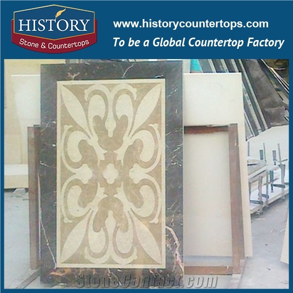 Beige, Botticino Classic White Marble, Cnc Water Jet Cutting Mosaic Tiles, Interior Decorations Rectangular Florence Hotel Mall Lobby Medallions