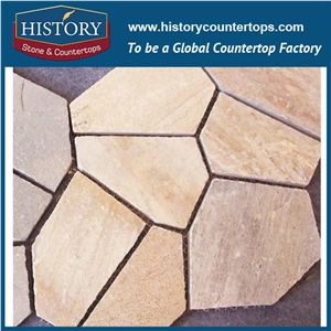 Beige Color Random Sandstone Flagstone on Mesh, Flagstone Paving and Floor Tiles, Building Stone
