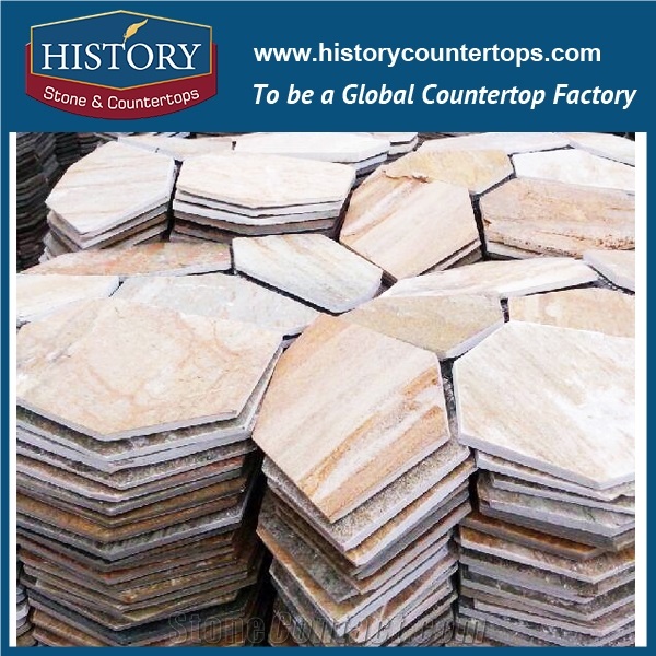 Beige Color Random Sandstone Flagstone on Mesh, Flagstone Paving and Floor Tiles, Building Stone