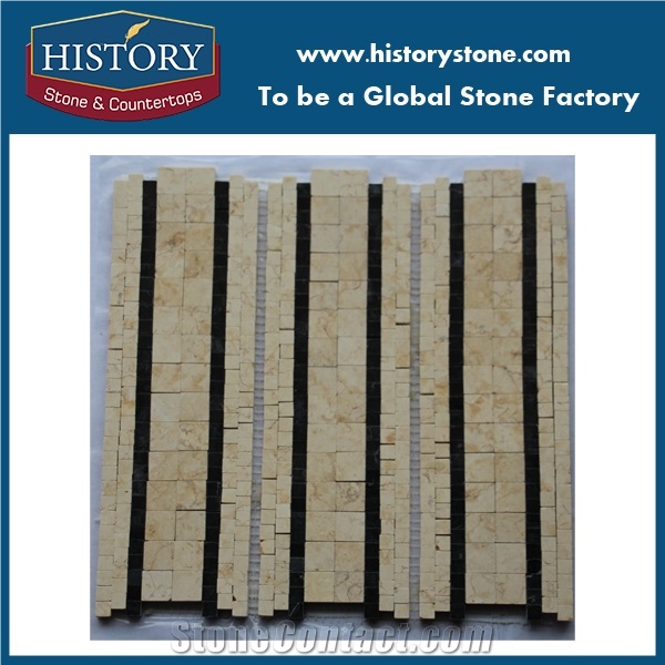 Beige Marble Mosaic Tile with Black Nero for Border Wall, Honed Square Shape for Interior Stone Kitchen Back Splash and Bathroom Covering