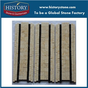 Beige Marble Mosaic Tile with Black Nero for Border Wall, Honed Square Shape for Interior Stone Kitchen Back Splash and Bathroom Covering