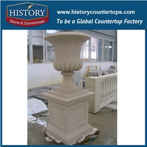 Beige Sandstone Flower Planters Stands and Boxes, Outdoor Large Size Gate Square Flowerpots Bases, Round Natural Stone Vases