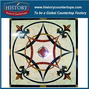 Beige, Yellow, White Jade, Rose Marble, Cnc Water Jet Cutting Iridescent Mosaic Tiles, Interior Decoration Square Pinwheel Hotel Lobby Medallions