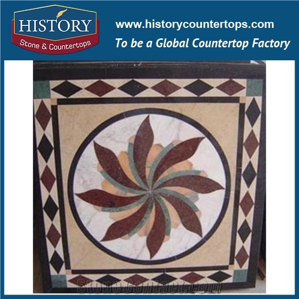 Beige, Yellow, White Jade, Rose Marble, Cnc Water Jet Cutting Iridescent Mosaic Tiles, Interior Decoration Square Pinwheel Hotel Lobby Medallions