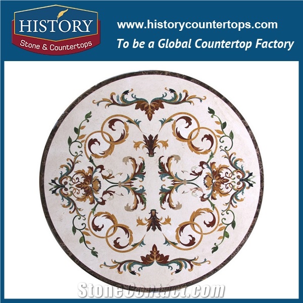 Bianco Carrara, Dark Emperador, Inca Gold Stone Marble, Water Jet Cutter Mosaic Artistic Tiles Designs Round Floral Interior Floor Inlay Medallions