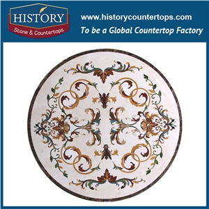 Bianco Carrara, Dark Emperador, Inca Gold Stone Marble, Water Jet Cutter Mosaic Artistic Tiles Designs Round Floral Interior Floor Inlay Medallions