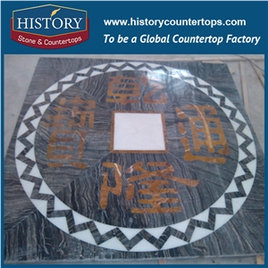 Black, Bianco Carrara White, Rose Marble Designs Water Jet Sicis Mosaic Tiles Arts Square Starburst Pattern Floor Inlay Paving Stone Medallions