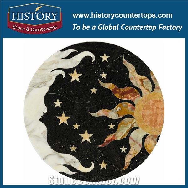 Black Galaxy Granite Multicolor Onyx, Volakas White Marble, Cnc Water Jet Cutting Mosaic Tiles, Interior Round Sun and Moon Pattern Medallions