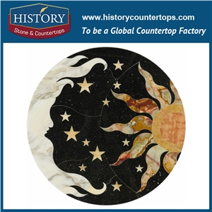 Black Galaxy Granite Multicolor Onyx, Volakas White Marble, Cnc Water Jet Cutting Mosaic Tiles, Interior Round Sun and Moon Pattern Medallions