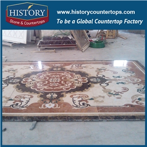 Black Galaxy Granite, White Marble Stone Water Jet Mosaic Tiles, Rectangular China Landscape Pictures Hotel, Villa, Mall Floor Covering Medallions