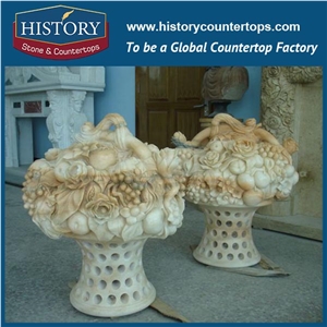 Bright Color White Marble Stone Designs Decorative Roman Style Planter Pots with Beautiful Carved Flowers, Flowerpots Vases, Stands