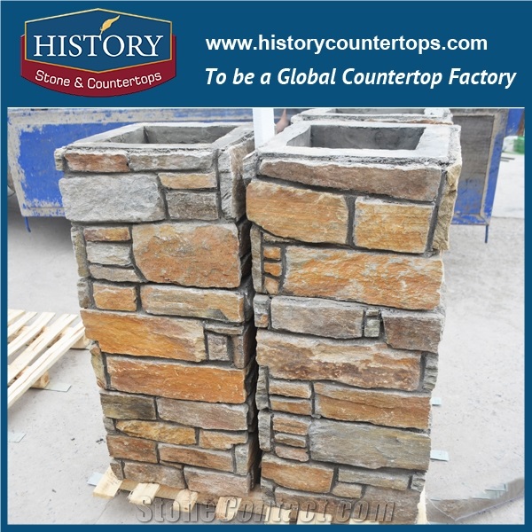 Brown Slate Random Flagstone Wall, Irregular Flagstone Courtyard Wall Cladding, Garden Decoration