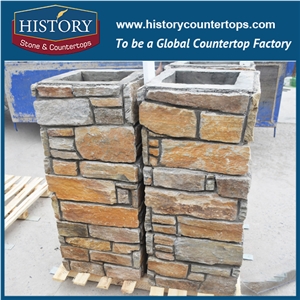 Brown Slate Random Flagstone Wall, Irregular Flagstone Courtyard Wall Cladding, Garden Decoration