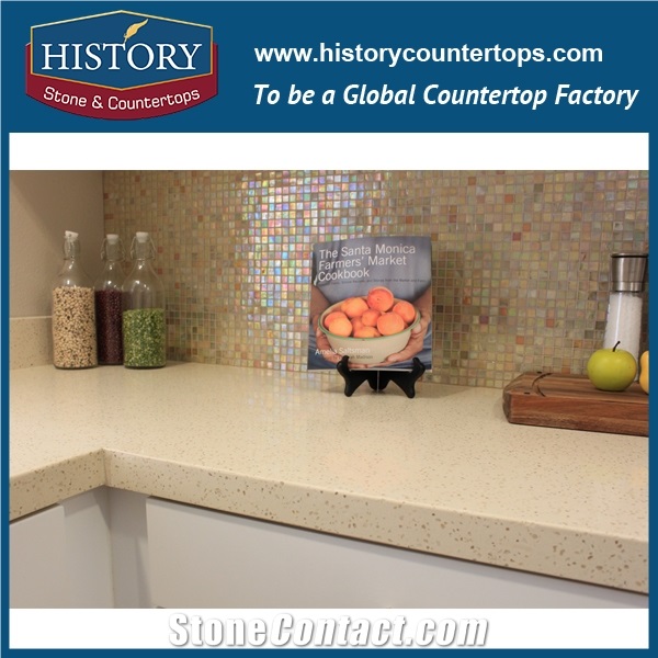 Cardiff Cream Beige Historystone with High Polish Surface Fine Particle Quartz Stone for Bench Tops or Kitchen Countertops.