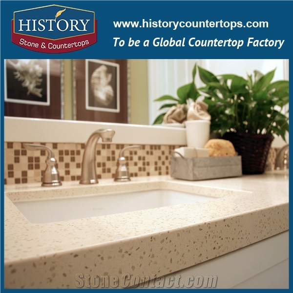 Cardiff Cream Beige Historystone with High Polish Surface Fine Particle Quartz Stone for Bench Tops or Kitchen Countertops.
