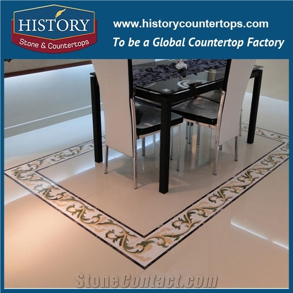 Carrara White, Big Flower Green Marble Water Jet Cutter Wall Mosaic Artistic Tiles Designs Rectangular Hotel Mall Entry Way Inlay Floor Medallions