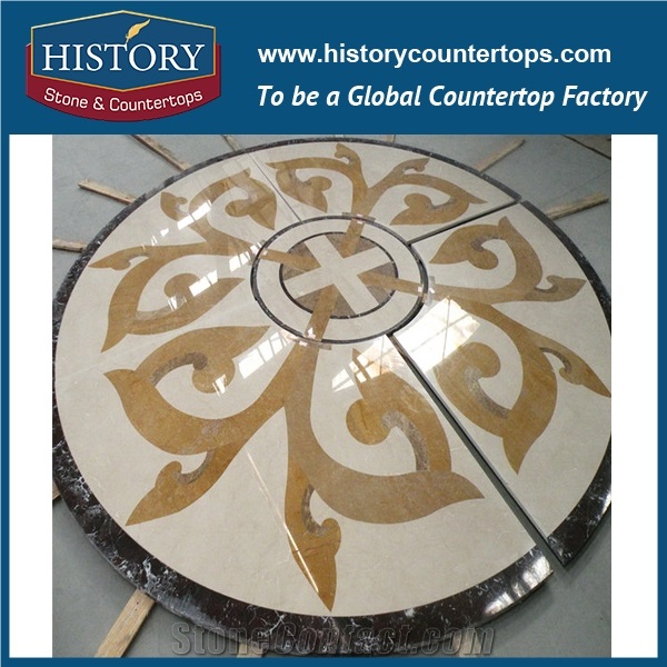 Carrara White, Cream Marfil Marble, Black Galaxy Granite, Water Jet Cutting Mosaic Artistic Tiles for Sale Lobby Entry Way Round Flower Medallions