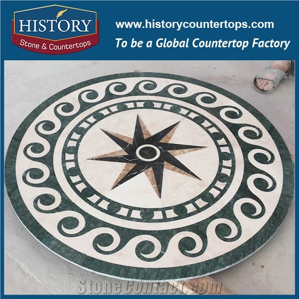 Carrara White, Light Emperador, Nero Marguina, Verde Alpi Marble, Cnc Water Jet Mosaic Tiles Round Starburst Floor Inlay Natural Stone Medallions