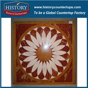Carrara White, Pink and Red Marble Stone Water Jet Mosaic Artistic Tiles Designs Square Sunflowers Hotel Mall Entry Way Floor Medallions