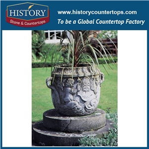 Cheap Flowerpots from China, Grey Sandstone Natural Stone Carved Flower Planters Vases with Pedestal for Garden