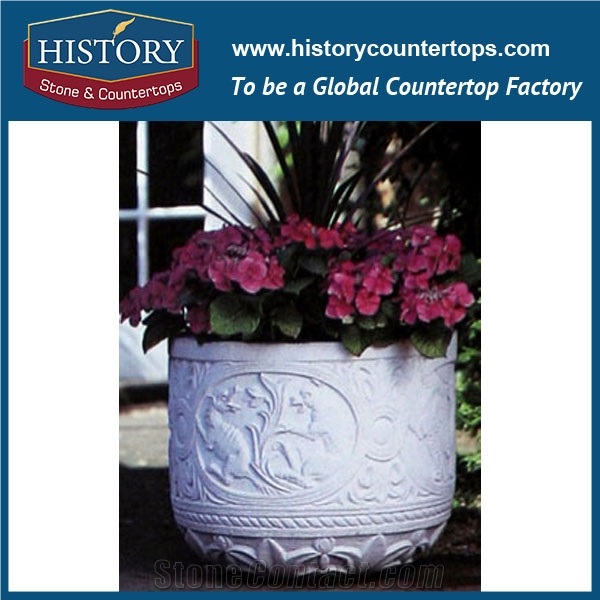 Cheap Flowerpots from China, Grey Sandstone Natural Stone Carved Flower Planters Vases with Pedestal for Garden