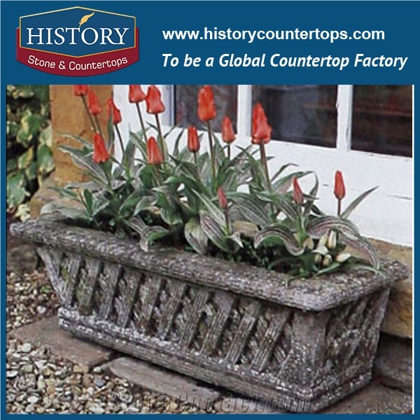 Cheap Flowerpots from China, Grey Sandstone Natural Stone Carved Flower Planters Vases with Pedestal for Garden