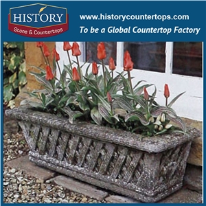 Cheap Flowerpots from China, Grey Sandstone Natural Stone Carved Flower Planters Vases with Pedestal for Garden