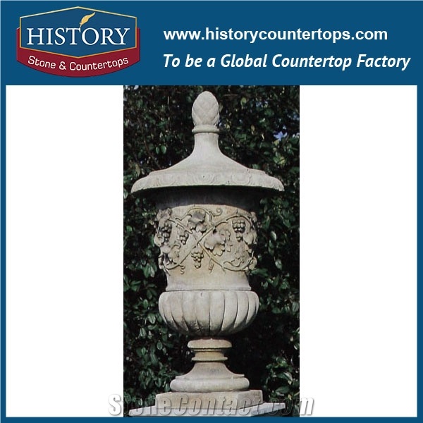 Cheap Flowerpots from China, Grey Sandstone Natural Stone Carved Flower Planters Vases with Pedestal for Garden