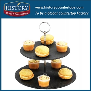 China Black Polished Surface 2 Tier Slate Dessert Stone Stand, Round Food Serving, Fruit Plates