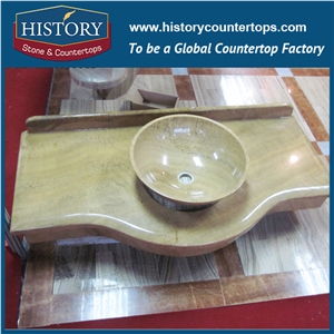 China Cheap Wooden Yellow Marble Molded Sink Countertop Commercial Bathroom Vanity Tops