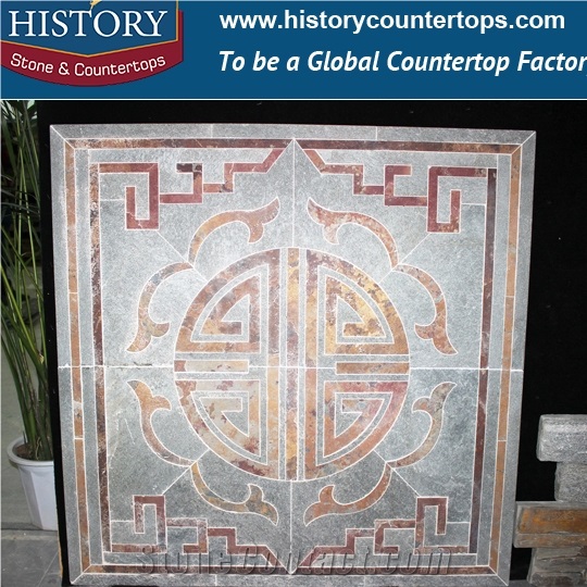 China History Stone Slate Walling Tiles, Water Jet Medallion Pattern Black Flooring Inlay Tiles Wholesale, Flower Pattern Design for Modern Decoration