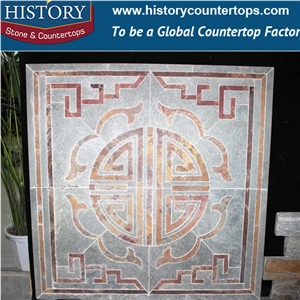 China History Stone Slate Walling Tiles, Water Jet Medallion Pattern Black Flooring Inlay Tiles Wholesale, Flower Pattern Design for Modern Decoration