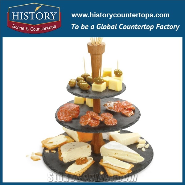 China Kitchen Craft 3 Tier Round Cake Serving Stand, Party Buffet Platter Made Of Black Natural Slate Stone