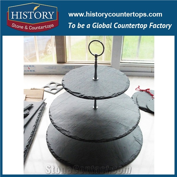 China Kitchen Craft 3 Tier Round Cake Serving Stand, Party Buffet Platter Made Of Black Natural Slate Stone