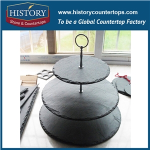 China Kitchen Craft 3 Tier Round Cake Serving Stand, Party Buffet Platter Made Of Black Natural Slate Stone