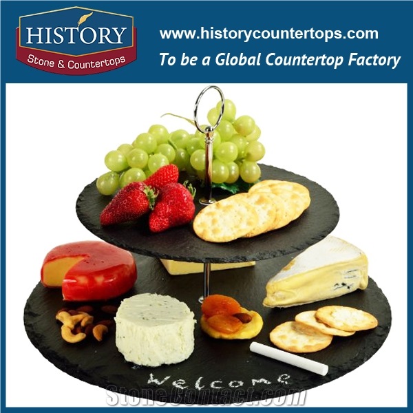 China Kitchen Craft 3 Tier Round Cake Serving Stand, Party Buffet Platter Made Of Black Natural Slate Stone