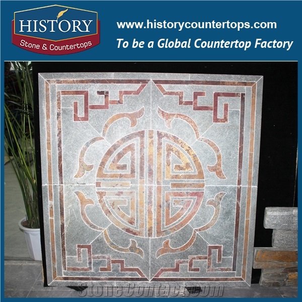 Chinese History Stone Water Jet Flower Pattern Grey Polished Slate Stone, Mosaic Medallion Paving Stone for Landscaping Floor
