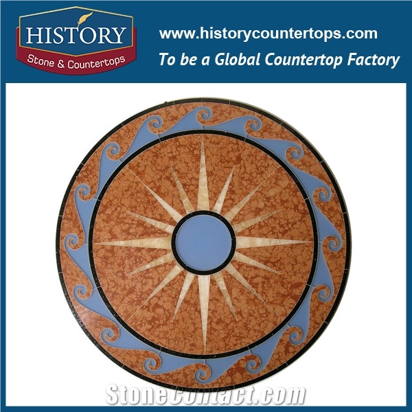 Cream Marfil Beige, Inca Gold, China Rojo Alicante Marble Water Jet Stone Mosaic Tiles, Round Starburst Pattern Interior Decoration Medallions