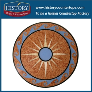 Cream Marfil Beige, Inca Gold, China Rojo Alicante Marble Water Jet Stone Mosaic Tiles, Round Starburst Pattern Interior Decoration Medallions