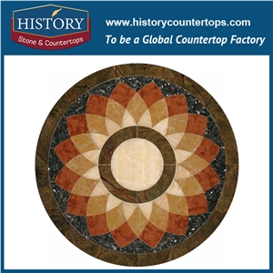 Cream Marfil Beige, Inca Gold, China Rojo Alicante Marble Water Jet Stone Mosaic Tiles, Round Starburst Pattern Interior Decoration Medallions